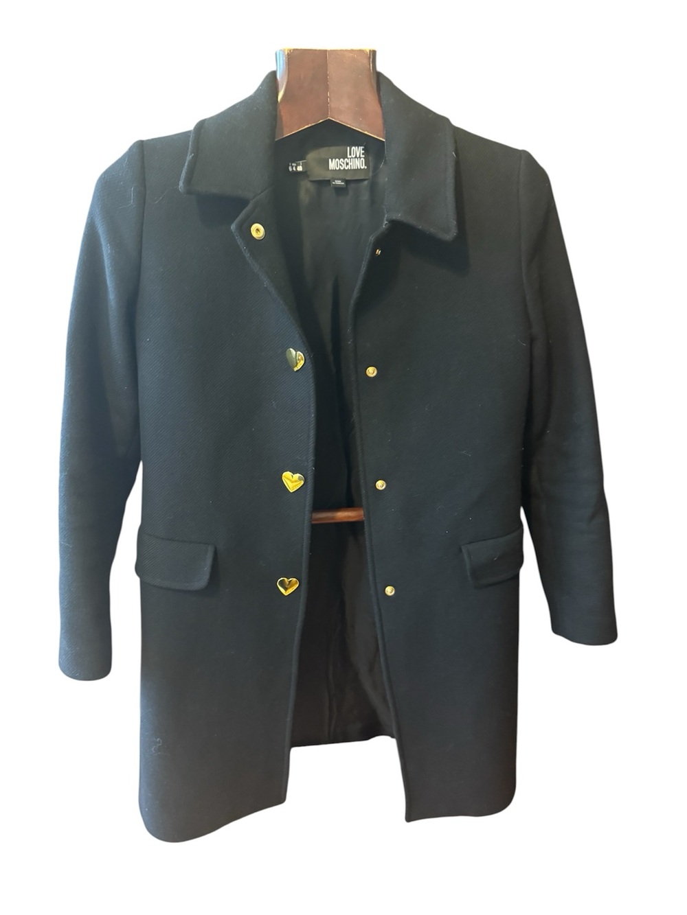 Love Moschino Black Coat with Gold Heart Buttons size 40 in like new condition